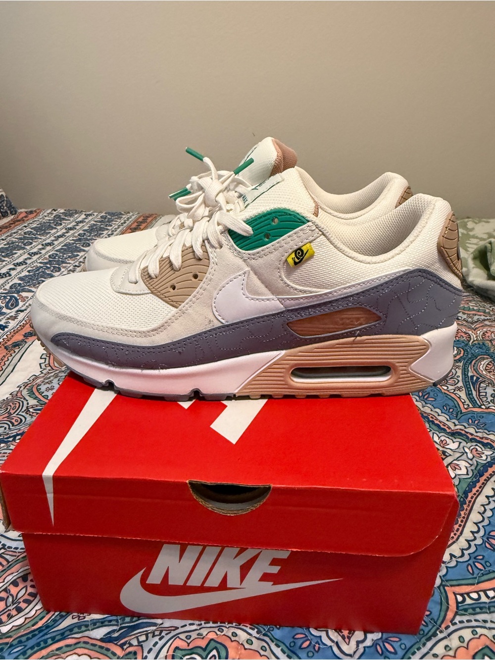 Nike Air Max 90 Sneakers in White, Taupe, Lavender & Green Accents